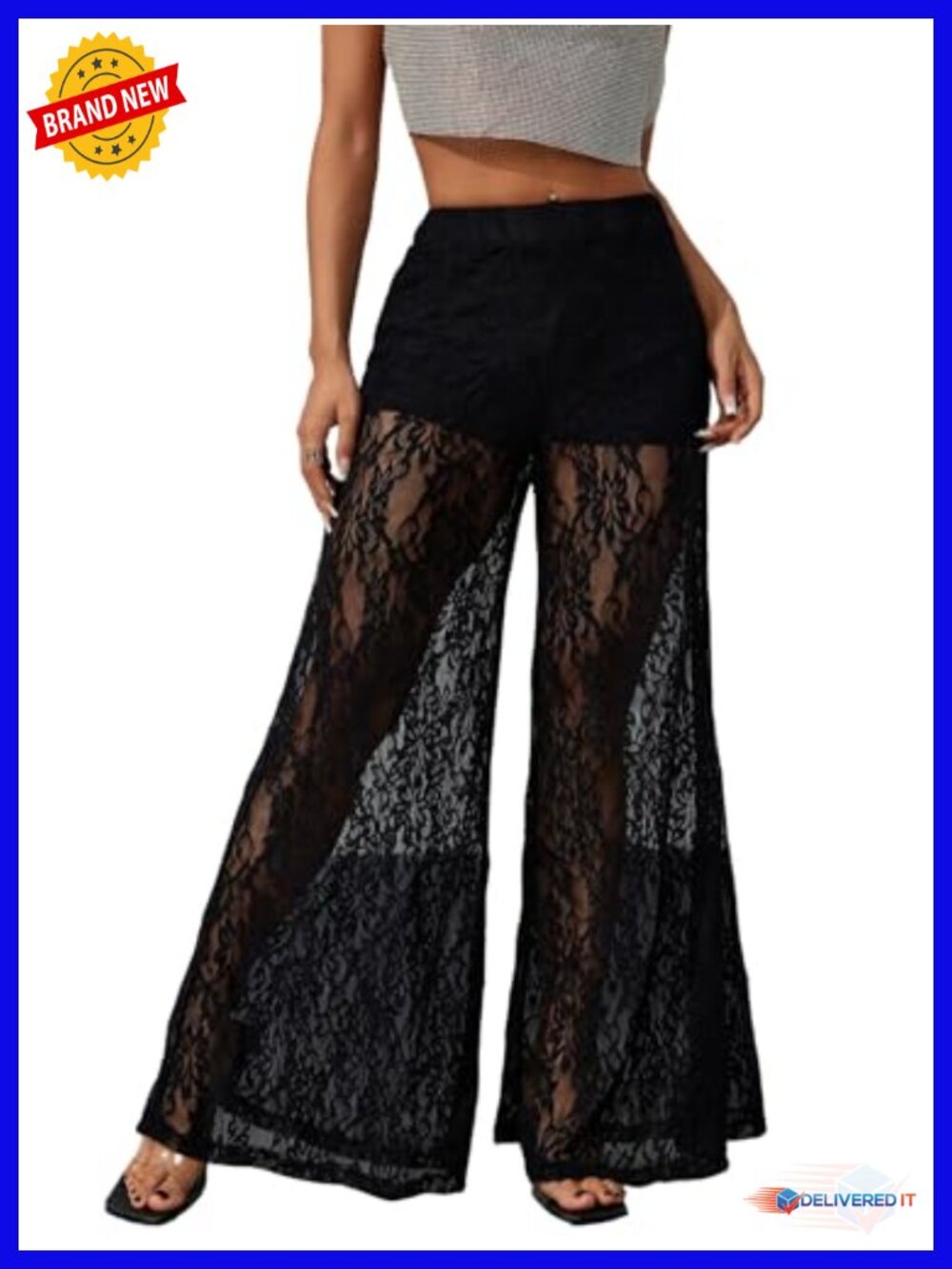 Sheer Floral Lace Wide Leg Pants See Through Trousers Party Clubwear